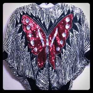 Butterfly Silk Sequin Red Silver Flowy Diva Top